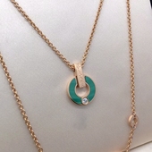 公价3.36万 二手 99新宝格丽玫瑰金孔雀石镶钻钱币项链357313正品