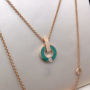 公价3.36万】99新宝格丽玫瑰金孔雀石镶钻钱币项链357313正品二手