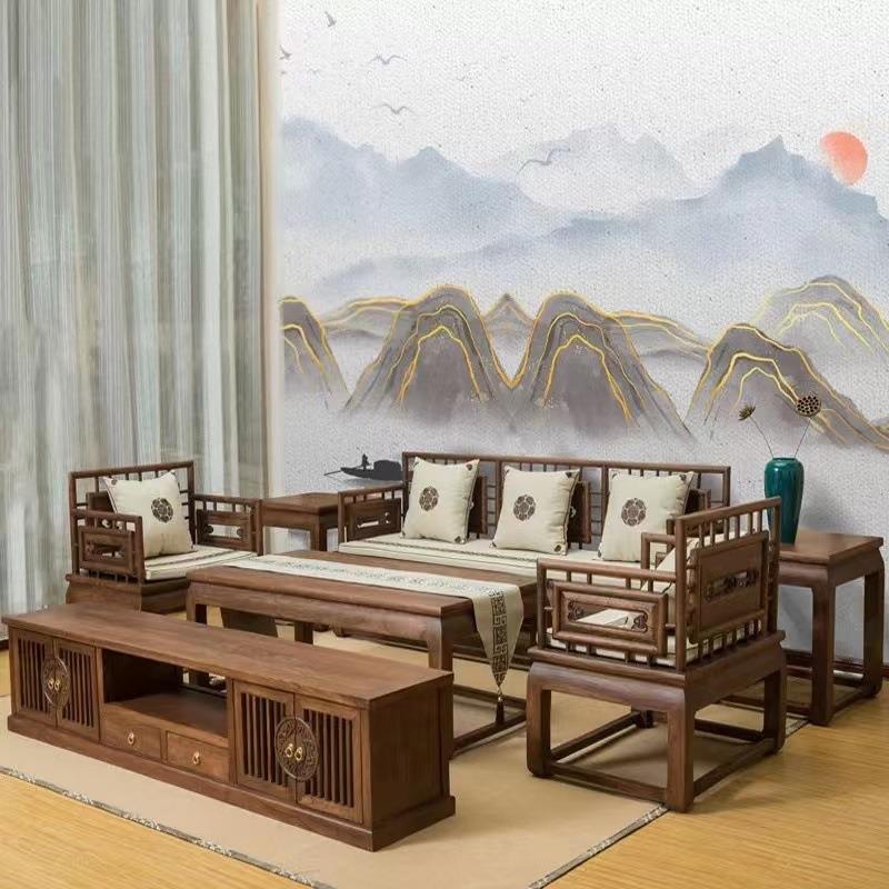 新中式北方老榆木实木沙发组合简约古典客厅中国风家具仿古胡桃色