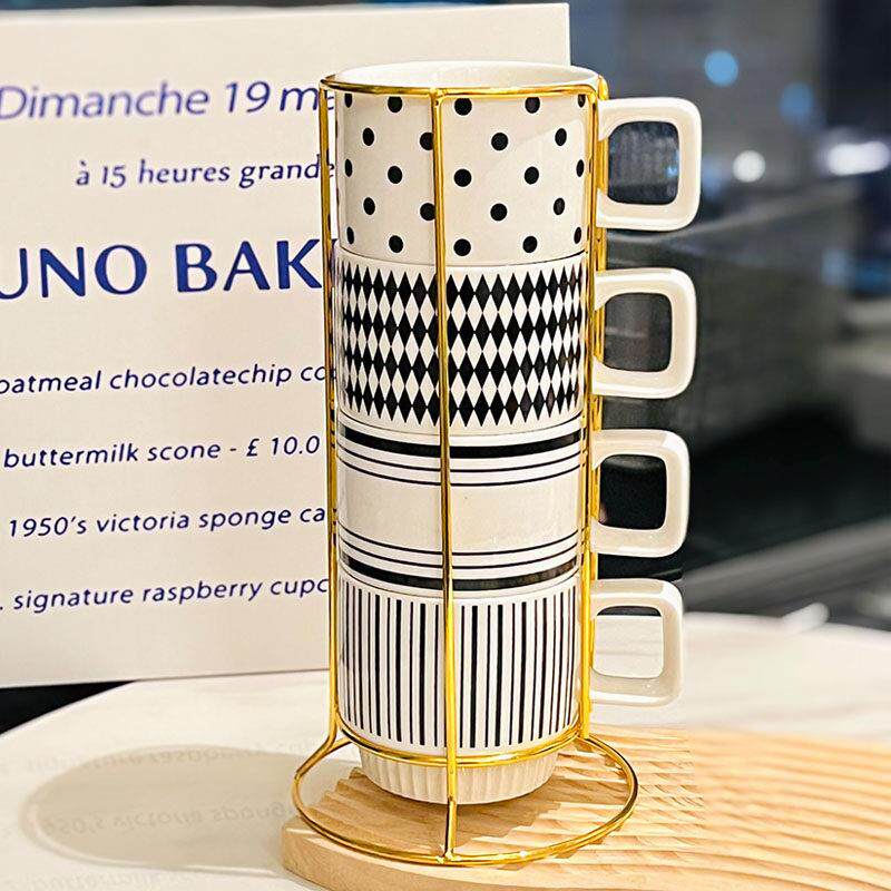 陶瓷赫本覆古风黑白色调水杯家用叠叠杯子可叠放马克杯套装配杯架