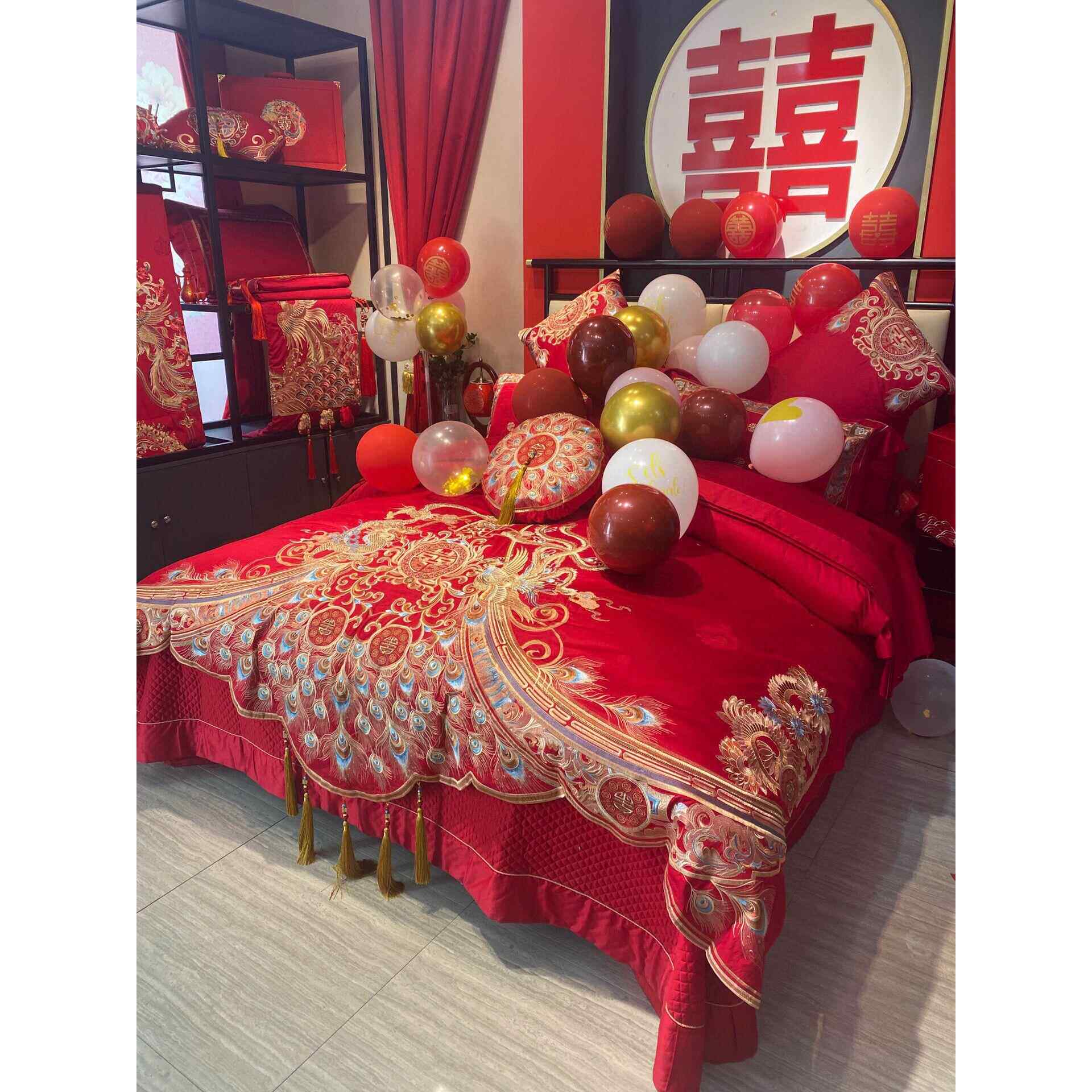 婚庆四件套大红色床单全棉龙凤绣花喜被套贡缎婚房提花结婚床上用