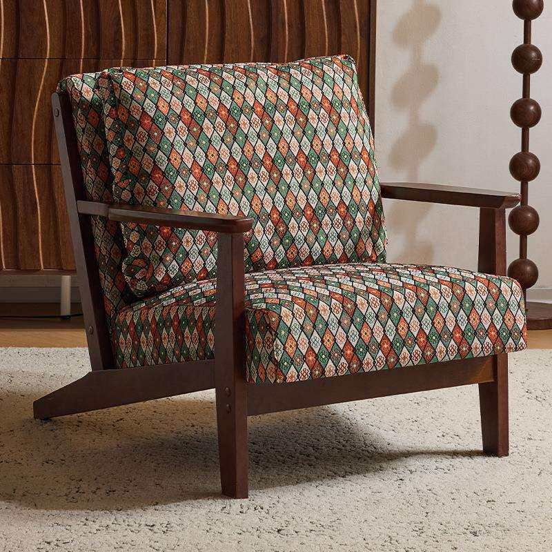 复古单人沙发客厅2026新款阳台休闲椅子胡桃木单椅实木家用躺椅r&