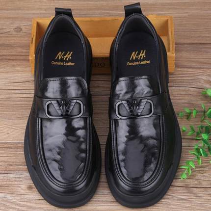 高档夏季新款男商务气休闲皮鞋鞋厚底鞋真皮潮大头皮鞋透气系带英