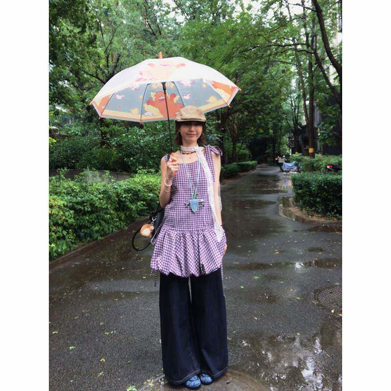 紫色格子花苞洋装女夏季覆古小个子无袖系带绝美挂颈吊带短裙子