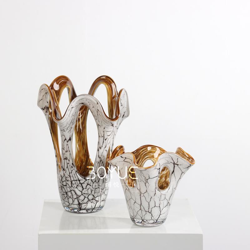 现代简约白色裂纹内里黄色镂空玻璃花瓶样板房客厅餐厅花艺软装饰