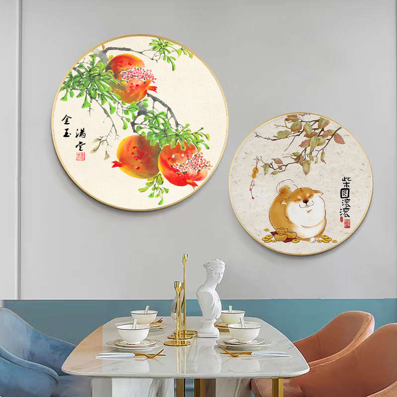 新奢轻装饰画餐厅现代饭厅简约圆形两联壁画墙面中式餐桌挂画酒杯图片