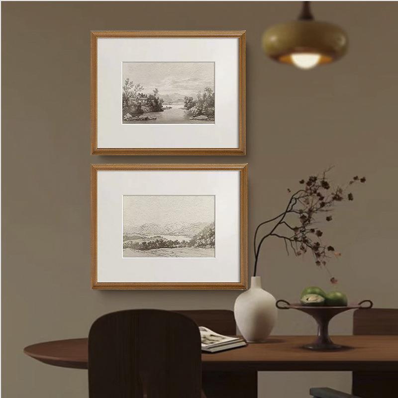 风景素描版画法式黑白复古客厅装饰画美式中古风餐厅玄关走廊挂画