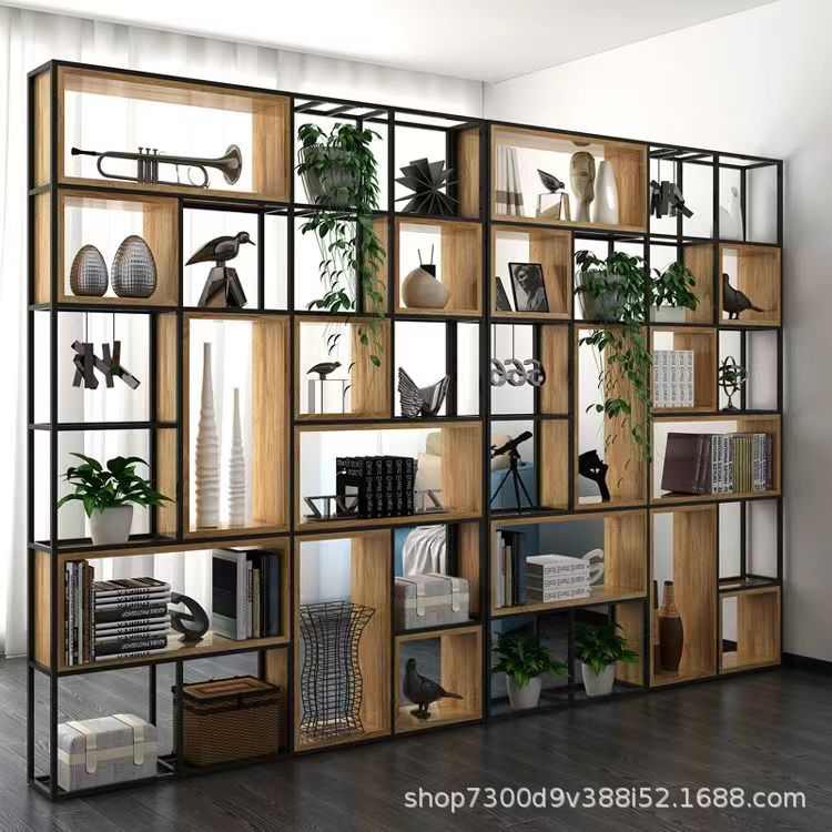铁艺置物架客厅落地书柜美式办公室屏风展示架书架实木隔断收纳架
