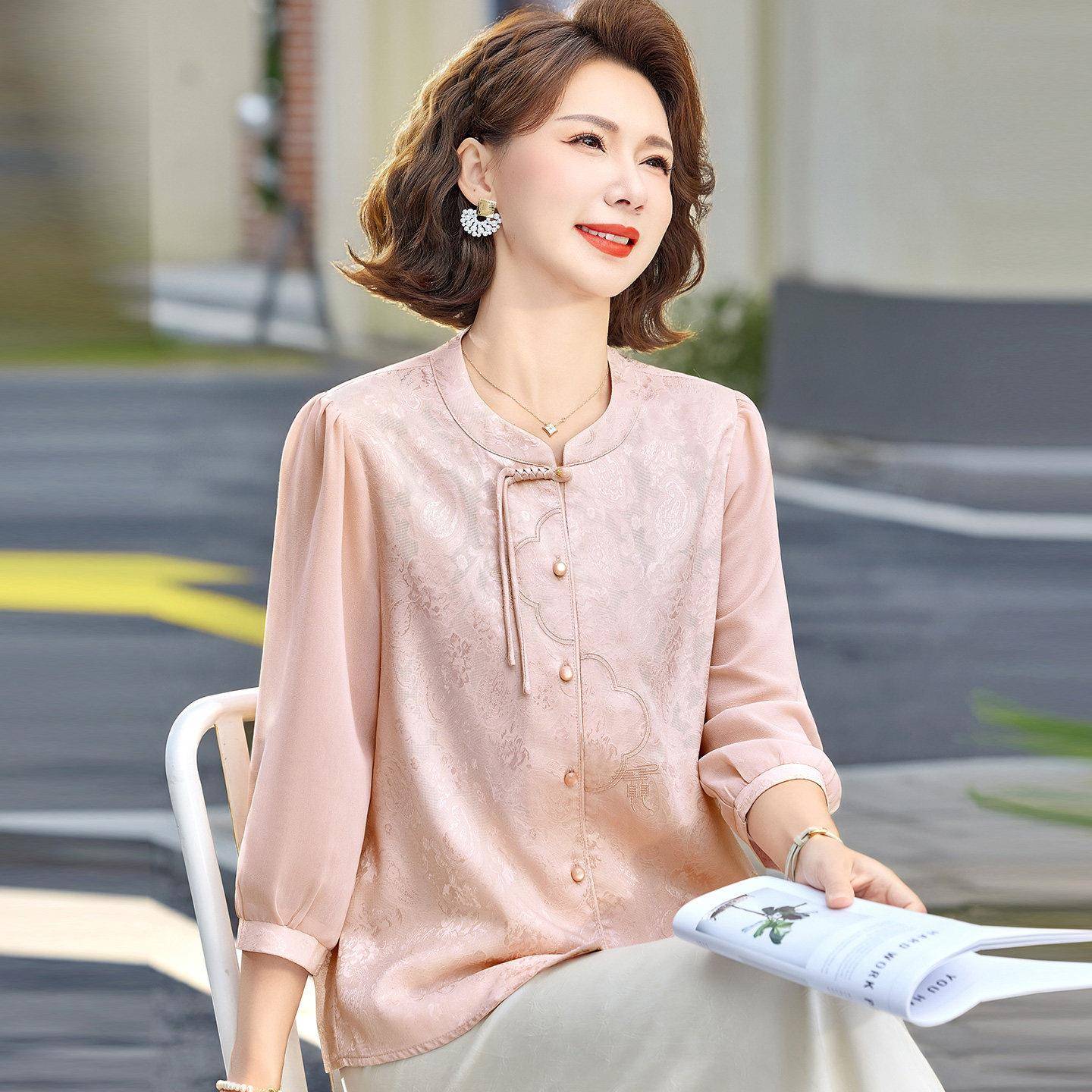 国风中年衬衫女开衫夏装桑蚕丝100%套装妈妈圆领真丝纱袖上衣薄款