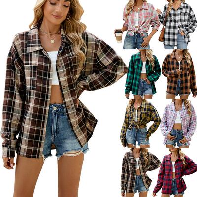 Collar long sleeved pocket checkered shirt top for