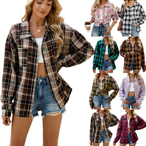 Collar long sleeved pocket checkered shirt top for