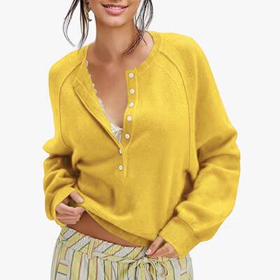 Women Springfresh Henley Neckline Sleeve Sweater Tops Button