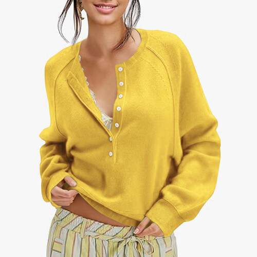 Women Springfresh Henley Neckline Sleeve Sweater Tops Button