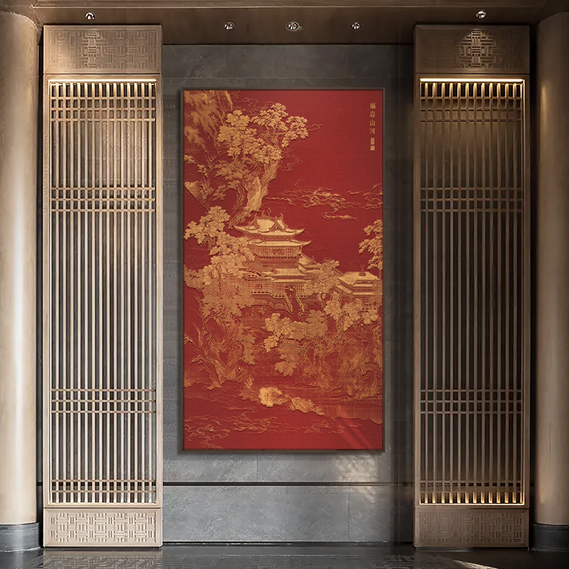 新中式酒店大堂福寿山河浮雕装饰画别墅玄关客厅背景高档大气挂画图片