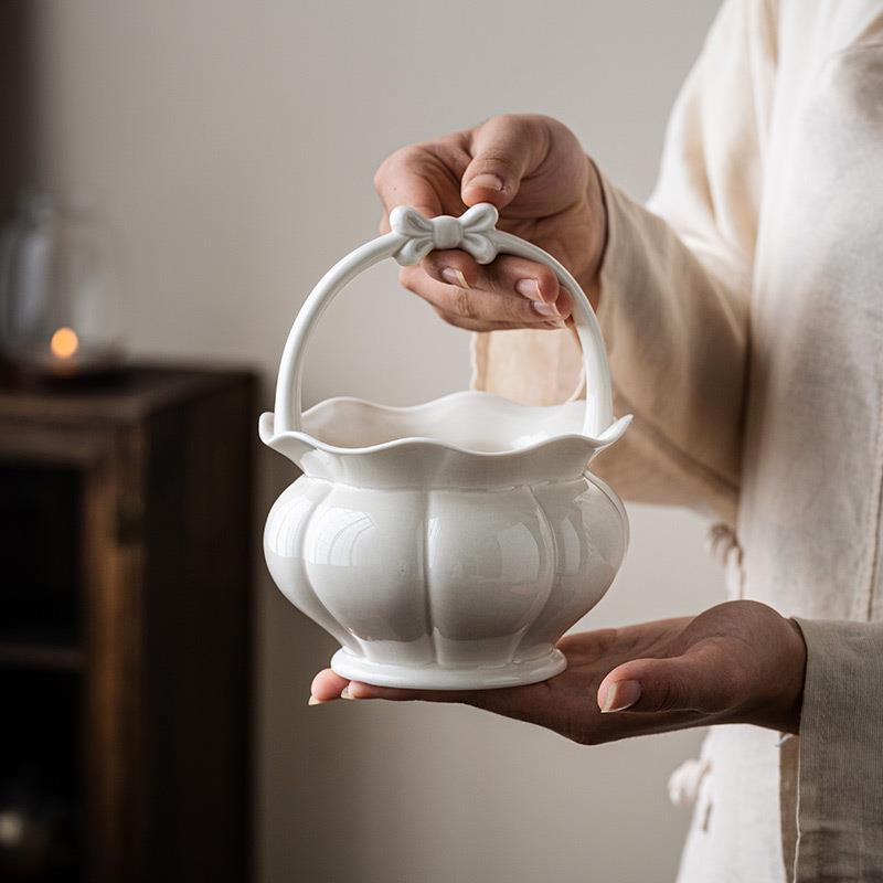 草木灰提手果篮家用陶瓷建水茶洗茶具配件茶餐桌花篮摆件插花水培图片