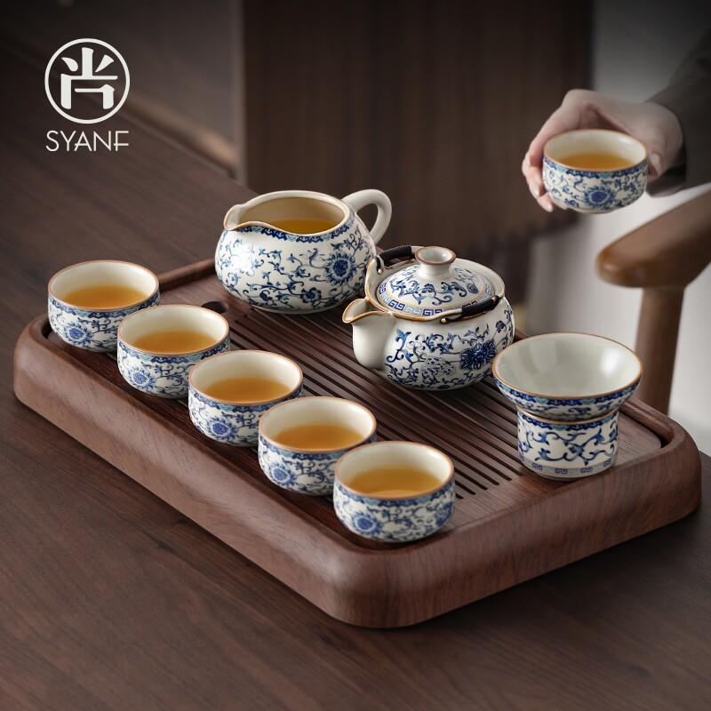 汝窑茶具套组2025新款家用轻奢高档盖碗手抓壶青花功夫喝茶泡茶具