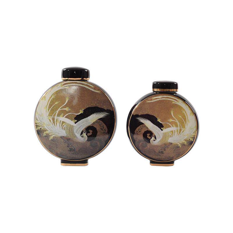 新中式创意扁形陶瓷储物罐摆件样板房博古架玄关酒店现代软装饰品