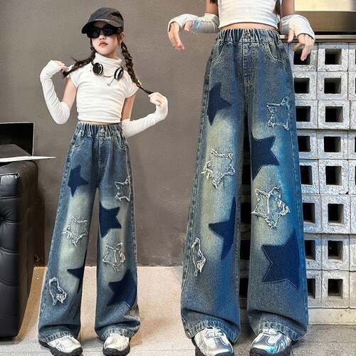 School Ready Girls Y2K StarPatterned WideLeg Jeans Comfy