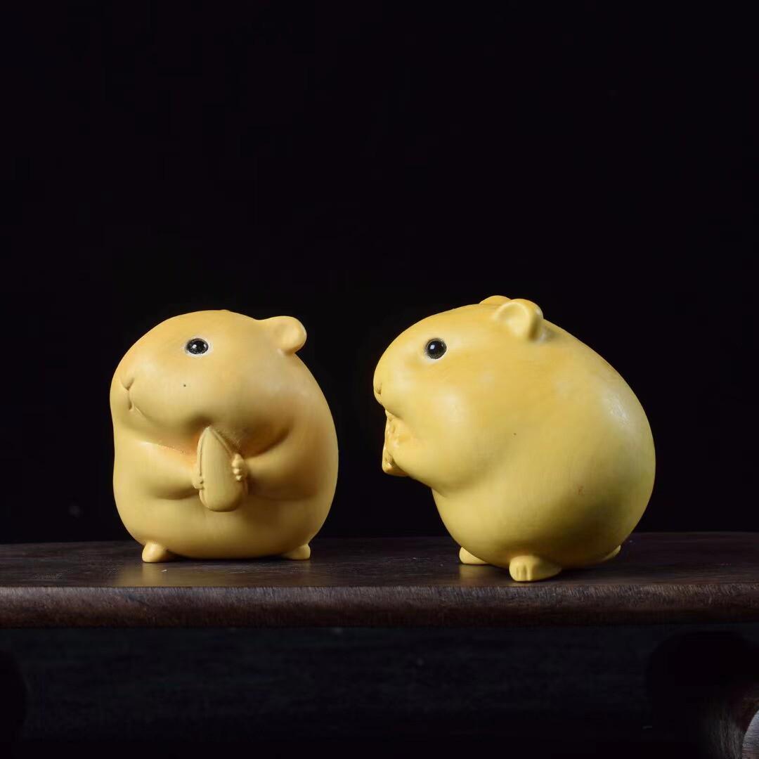 木雕手把件可爱吃货迷你仓鼠摆件茶台生肖工艺品手把件书房装饰品