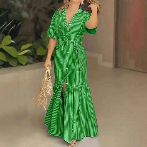 Striped Long Sleeve Woven Shirt Dress with Pockets A-Line