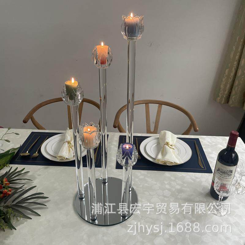 欧式餐桌五头水晶烛台玻璃婚庆道具摆件样板间装饰防风水晶烛台
