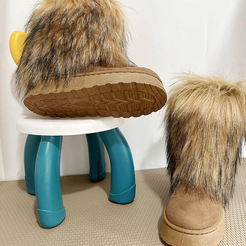 2024毛毛靴子高跟厚底外穿女士鞋冬季中筒靴高帮仿毛皮草雪地靴