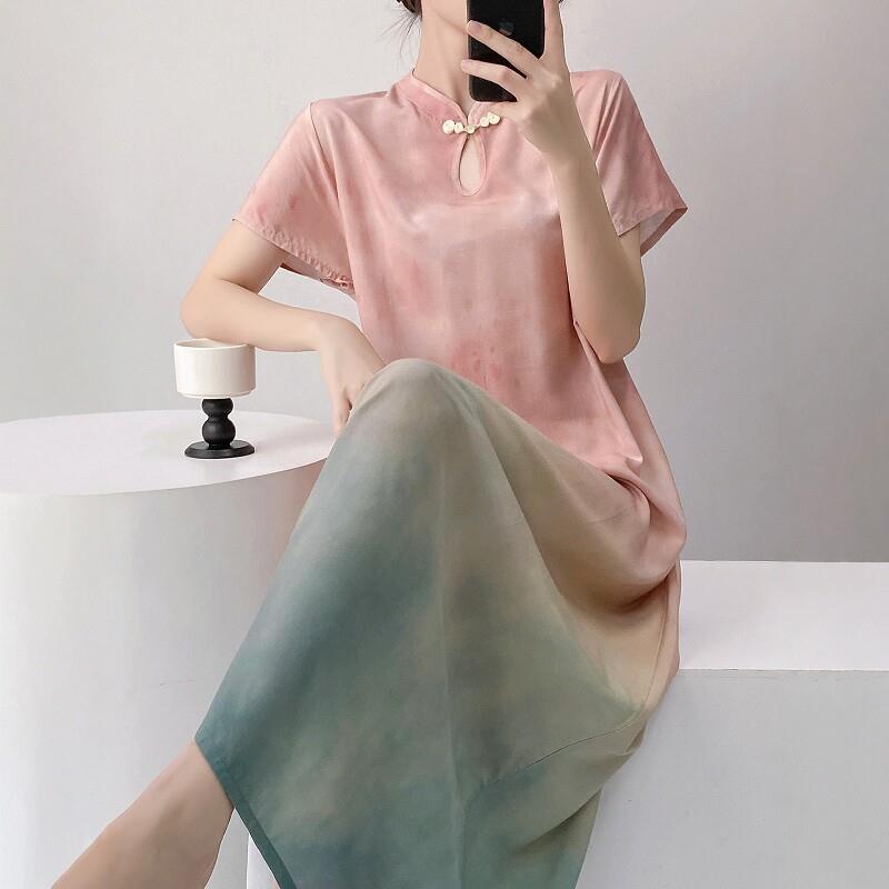 棉绸睡裙女款2026新款夏季盘扣立领新中式国风中长裙薄款凉感睡衣