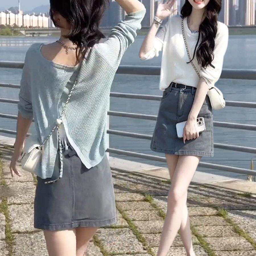 LILY MOST防晒针织衫套装女夏季韩版显瘦小个子牛仔半身裙两件套