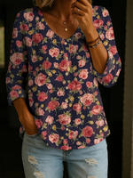 Plus Size Women's Base Blue Flower Print V-Neck Blouse thumbnail 5