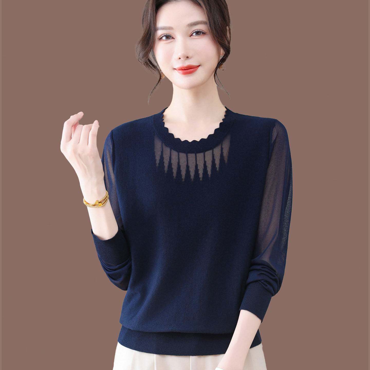 高端桑蚕丝长袖t恤女妈妈春秋装洋气减龄纱袖上衣针织打底小衫