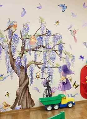 MS2468新款创意紫色树女孩背影自行车蝴蝶背景装饰卧室客厅装饰墙