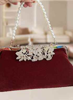 潮牌韩版复古优雅旗袍包晚宴会包婚礼包珍珠链手拿包手提百搭女包