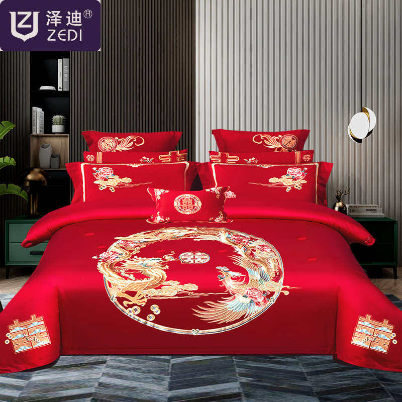 女方家大红色全棉刺绣婚庆四件套结婚长绒棉婚礼陪嫁床上用品家纺