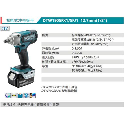 牧田Makita充电式电动扳手DTW190SFX1/SFJ1/Z/STJ1锂电18V