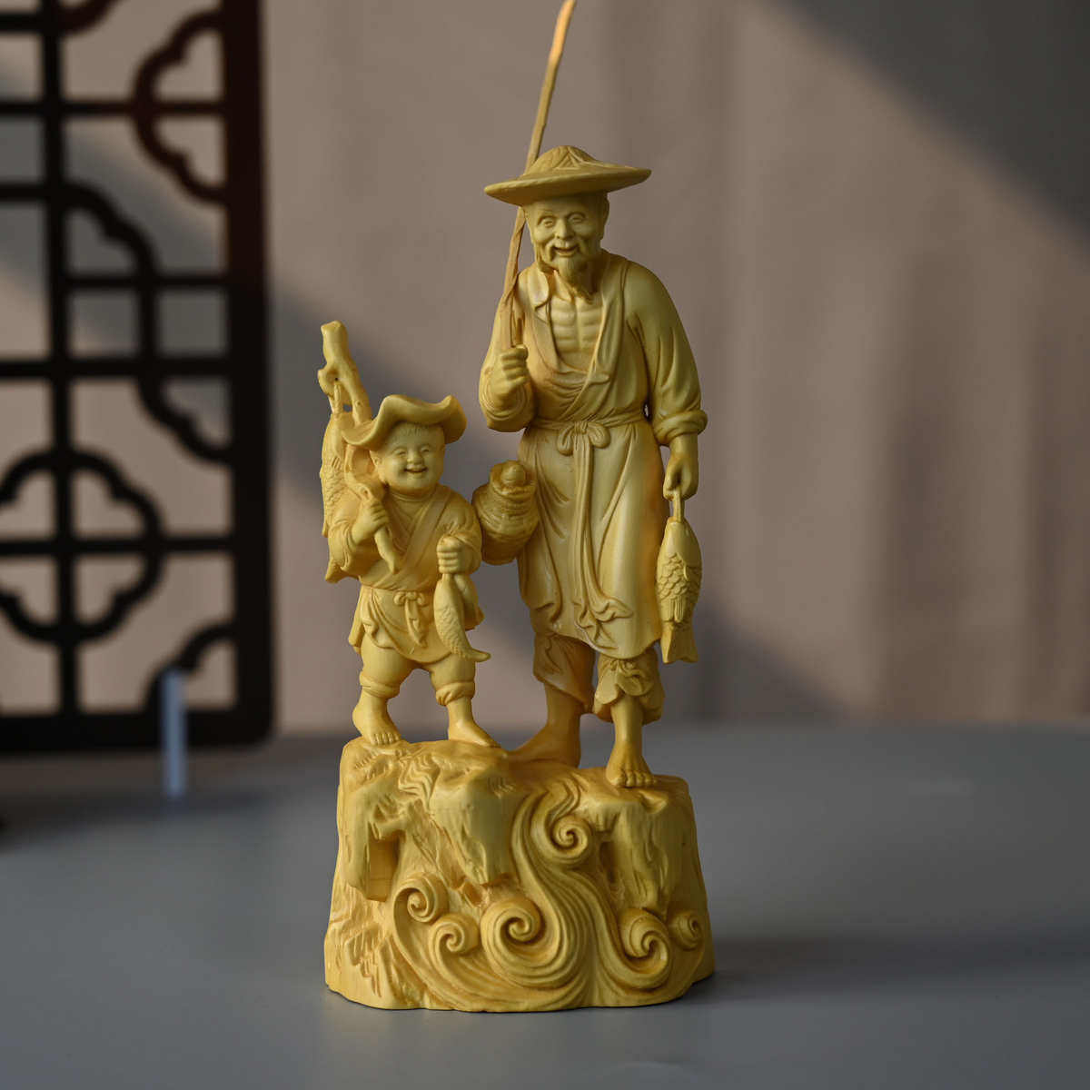 黄杨木摆件鱼翁得利满载而归木雕工艺品办公摆饰手工雕刻文玩礼品