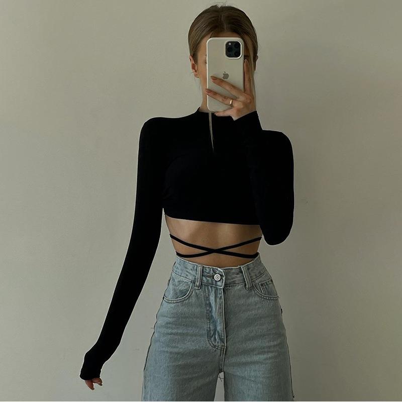 Womens Navel-Exposed Striped Lace-Up Top and White Backless