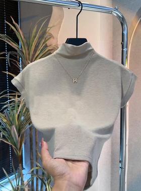 奶茶色半高领短袖t恤早秋修身弹力内搭打底衫高端上衣0115k