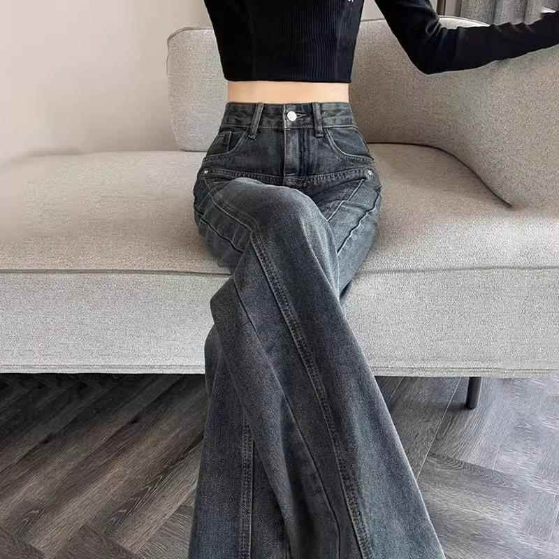 水泥灰梨形直筒牛仔裤女高腰宽松怀旧洗水窄版拼接阔腿拖地长裤子