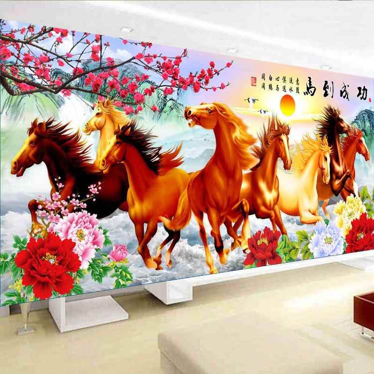 骏图十字八绣八2025新款大幅客厅大气山水马画风景马到通用成功匹