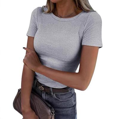 Women's Crew Neck Ribbed Fitted Tight Tshirt Short Sleeve