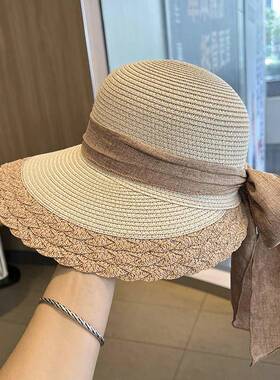 蝴蝶结草编遮阳帽子女夏季海边沙滩防晒太阳帽百搭大檐可折叠草帽