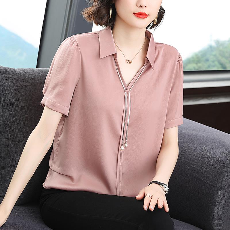 感短袖衫女新款中年妈妈半开领减龄衬衫上衣宽百搭0619d
