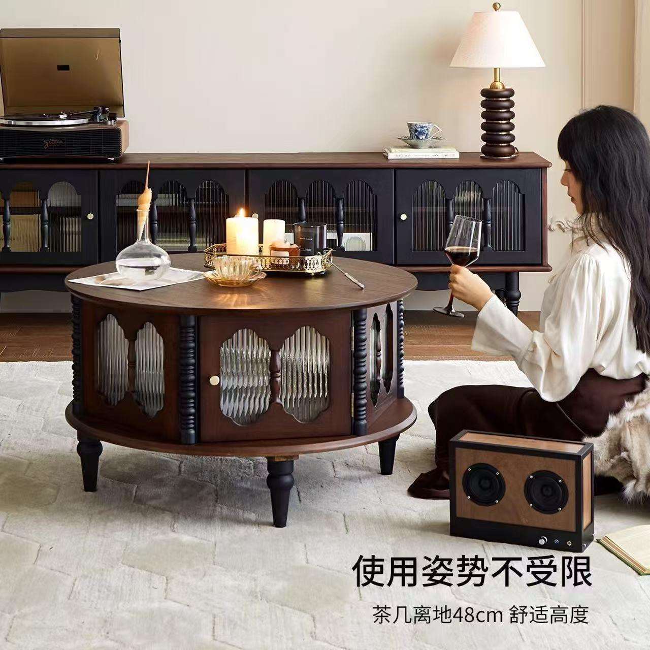 法式复古实木茶几小户型中古风客厅家用组合收纳储物茶几圆形茶桌