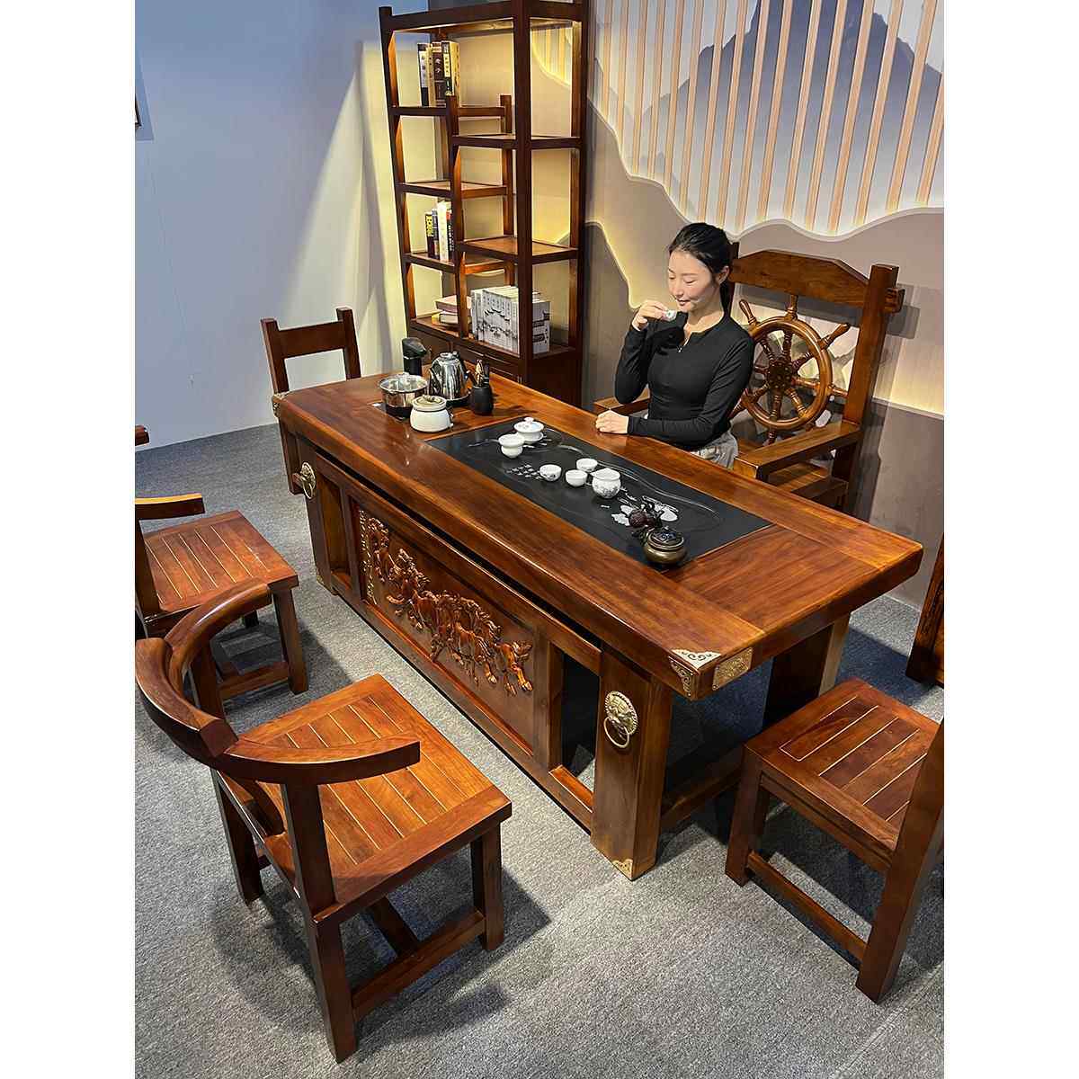 实木茶几和椅子组合中式客厅一桌五椅高端茶几老船木综合办公新茶
