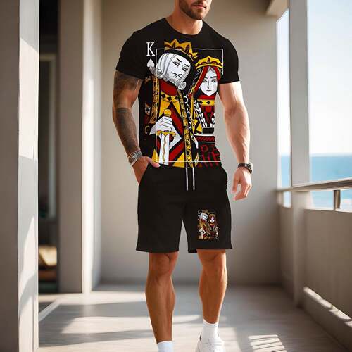 Cartoon Face Print Drop Shoulder Tee & Drawstring Shorts