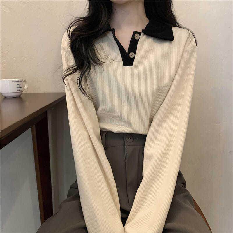 简遇luck品质女装秋季薄款翻领POLO衫长袖女宽松气质韩版撞色显瘦