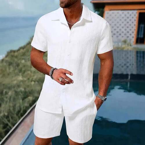 Linen Blend Mens Breathable 2 Outfit Weave Button Up Shirt