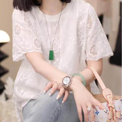 潮牌新款设计感气质短袖t恤女时尚百搭减龄洋气蕾丝镂空刺绣上衣