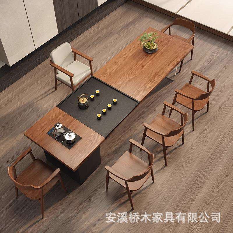 实约木板QNL泡茶大桌椅组合现代简办大公室型茶台茶桌烧水壶茶盘