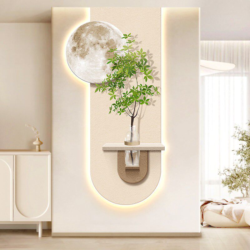 奶油风水培绿植玄关装饰画 画新款清新月球走廊壁灯北欧客厅挂画